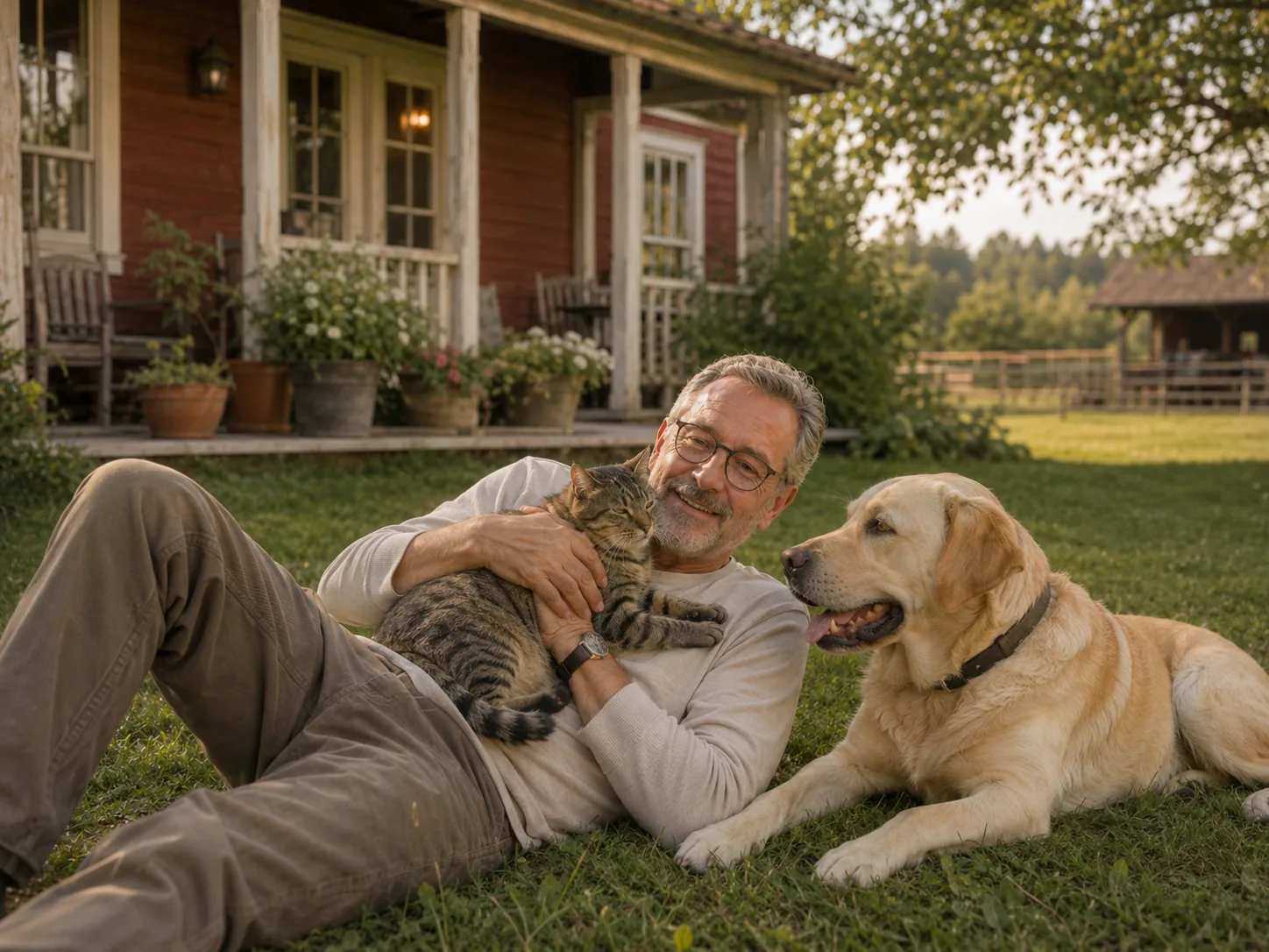 Heinrich Müller entspannt mit seiner Katze und Labrador Max im Garten