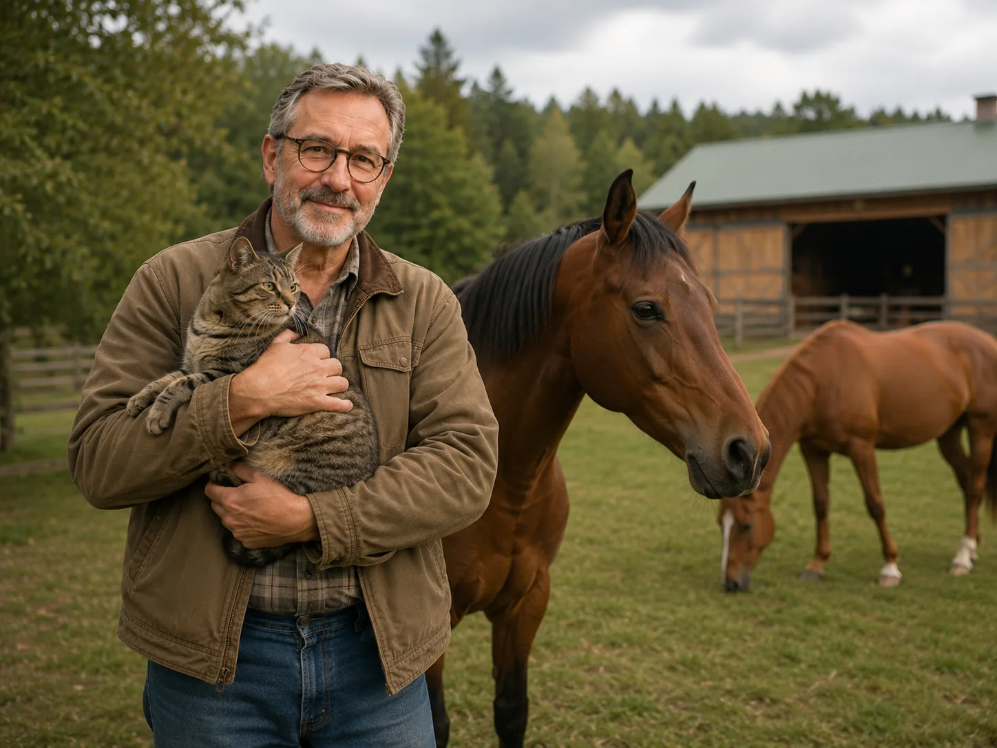 Heinrich Müller mit seiner Katze und seinen Pferden auf dem eigenen Hof