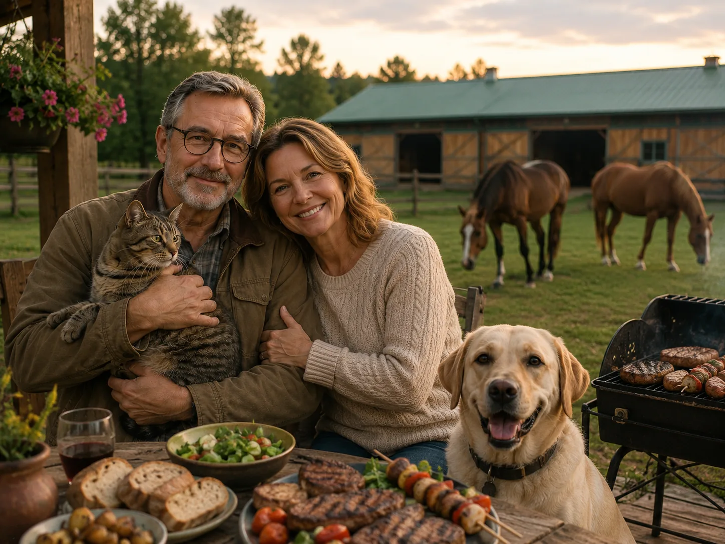 Heinrich Müller mit seiner Frau, ihrem Hund und ihrer Katze auf der Veranda